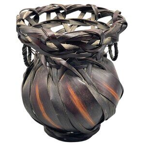 bamboo basket weaved side circle handles brown decoration storage trinket READ